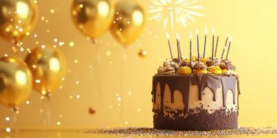 Celebration cake adorned with candles, balloons, and festive decorations for a joyful event photo