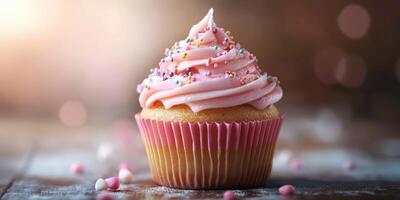 Cupcake topped with pink frosting and sprinkles on a rustic wooden table photo
