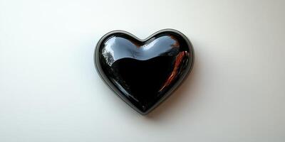 Black heart shaped object on a white surface showcasing reflective qualities and smooth texture in natural light photo