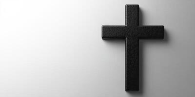 Black cross placed against a soft white background creating an impactful visual statement of faith photo