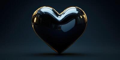 Glossy black heart sculpture with a golden outline in a dark studio setting photo