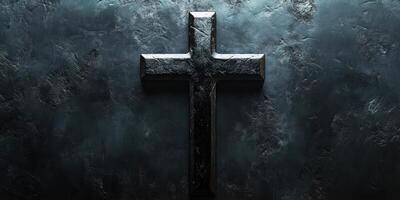 Dark cross resting on a textured black surface emphasizes themes of faith and spirituality photo