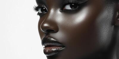 Close-up portrait of a woman showcasing stunning makeup and radiant skin in a minimalistic setting photo