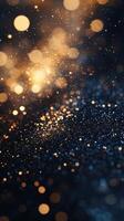Sparkling golden and blue particles create a magical atmosphere in a dimly lit space during evening hours photo