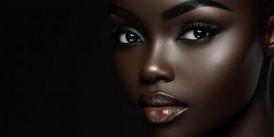 Beauty in darkness featuring a radiant model with striking eyes and glossy lips photo