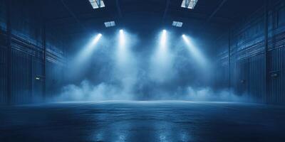 Dark industrial space illuminated by bright overhead lights creating a dramatic atmosphere photo