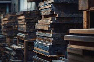 Stacks of lumber forming abstract patterns in woodworking workshop photo