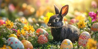 Cute black rabbit among decorated eggs and colorful flowers in a vibrant spring garden setting photo