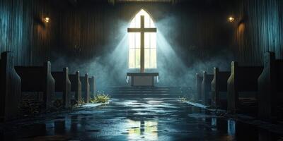 Light filters through stained glass illuminating a serene church interior with a prominent cross and reflections on the floor photo