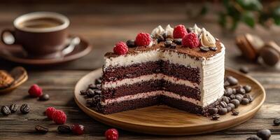 Delicious chocolate cake served on a wooden plate with coffee and fresh raspberries in a cozy cafe setting photo