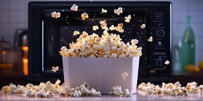 Freshly popped popcorn bursts from a bowl next to a microwave in a cozy kitchen setting during a movie night photo