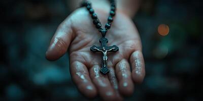 Hand holding a wet rosary with a crucifix during a contemplative moment near water photo