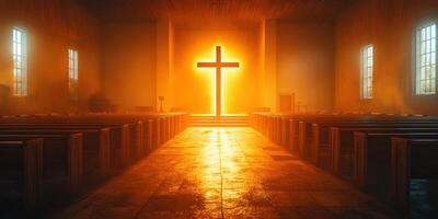 Light illuminates a church interior featuring a prominent cross at sunrise, creating a serene and spiritual atmosphere photo