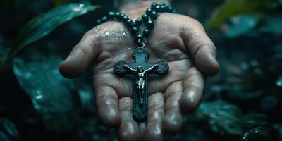 Holding a rosary in a lush forest represents devotion and spirituality in nature photo