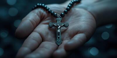 Hand holding black rosary with crucifix in dim light setting during a moment of reflection photo