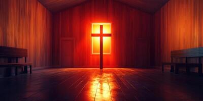 Cross illuminated by warm sunlight in a serene chapel during early morning hours photo