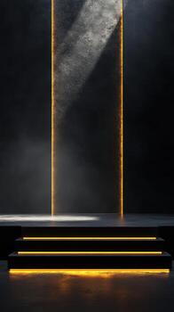 Dramatic stage setting with golden light beams illuminating a dark background and steps in a modern indoor space photo
