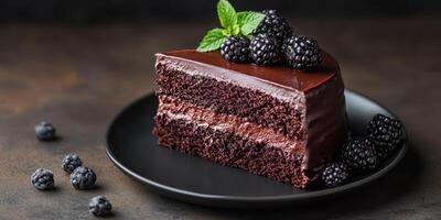 Decadent chocolate cake slice garnished with fresh blackberries and mint displayed on a dark plate photo