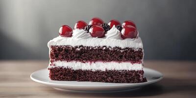 Delicious red velvet cake topped with cherries and cream served on a white plate against a dark background photo