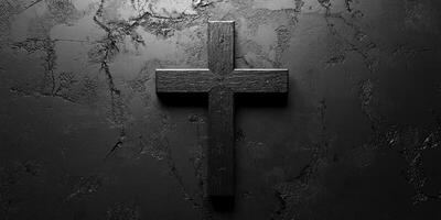 Black wooden cross set against a textured dark background in a somber, reflective atmosphere photo