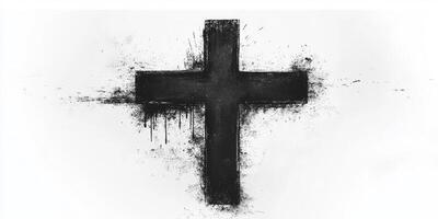 Black cross with paint splatter on a white background symbolizing faith and spirituality photo