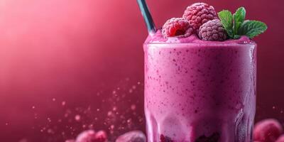 Refreshing raspberry smoothie served in a glass with mint on a vibrant pink background photo