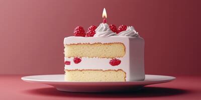 Delicious cake with raspberries and frosting on a plate against a pink background photo