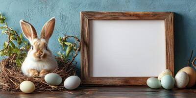 Decorative easter display with rabbit, colorful eggs, and empty wooden frame on blue background photo