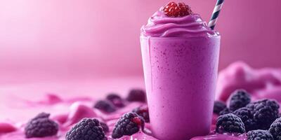 Creamy berry smoothie topped with fresh raspberries and striped straw on a pink background in a bright setting photo