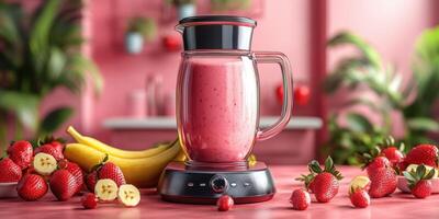 Bright and vibrant kitchen setting featuring a smoothie blender with strawberries and bananas ready for preparation photo