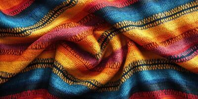 Vibrant woven textile with rich colors showcasing intricate patterns from a traditional artisan market photo