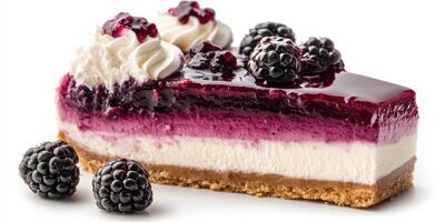 Delightful layered berry cheesecake with fresh blackberries and whipped cream on a white background photo