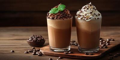 Delicious dessert beverages on a wooden table with coffee beans in a cozy cafe setting photo