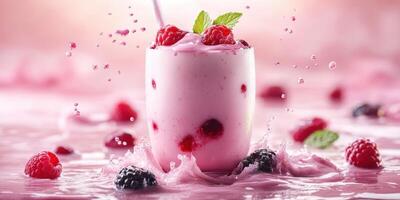 Refreshing raspberry smoothie garnished with fresh berries and mint on a vibrant pink background photo