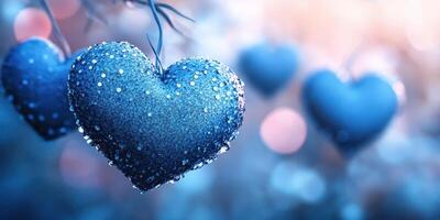 Decorative blue hearts adorned with glitter and raindrops hang gracefully on delicate branches in a dreamy setting photo