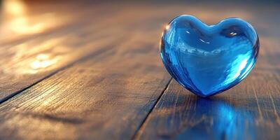 Shimmering blue heart-shaped ornament resting on a wooden surface in soft ambient light photo