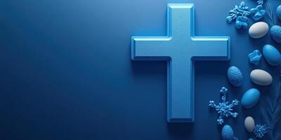 Decorative blue cross with Easter themed items arranged on a blue background for seasonal celebration photo