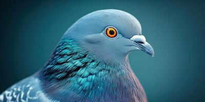 Pigeon with vibrant plumage showcasing striking eye color perched against a calming background photo