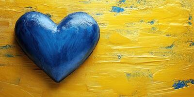Blue heart on a bright yellow background, symbolizing love and positivity in a vibrant artistic setting photo