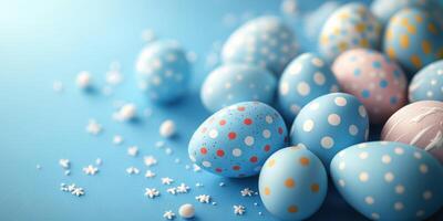 Colorful pastel eggs scattered on a blue background for spring festivities and celebrations photo