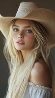 Woman with long blonde hair wearing a wide-brimmed straw hat poses gracefully indoors during golden hour photo
