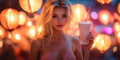 Young woman holding a creamy drink while surrounded by glowing lanterns at an evening festival in a vibrant atmosphere photo