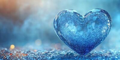Beautiful blue heart sculpture placed on shimmering ice, creating a serene winter atmosphere photo