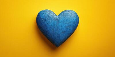 Blue heart shaped object on bright yellow background photo