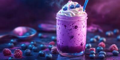 Vibrant blue raspberry smoothie topped with whipped cream in a stylish glass photo