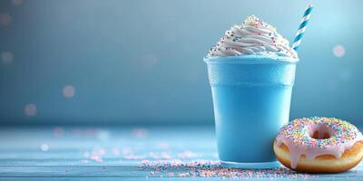 Refreshing blue drink with whipped cream and colorful donut on a light blue wooden table photo