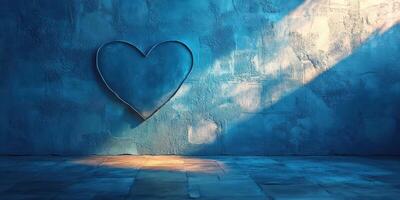 Heart-shaped decoration on a blue wall illuminated by soft light in an artistic indoor setting photo