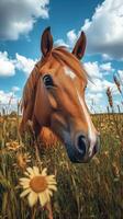 Close-up view of a chestnut horse among wildflowers under a bright blue sky photo