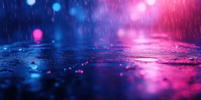 Evening rain creates a vibrant display of colors on a wet surface in an urban setting photo