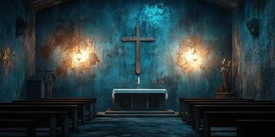 Rustic chapel interior with wooden cross, dim lighting, and serene atmosphere during evening hours photo